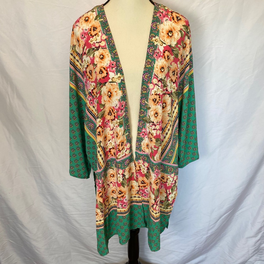 Umgee‎ Floral Paisley Kimono Cardigan Womens 1XL Green Pink Boho Festival Gypsy - Picture 3 of 10